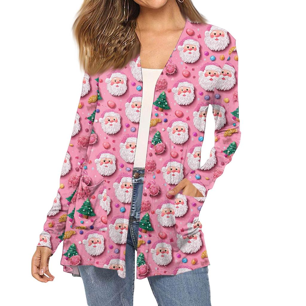 Women's Fashion Christmas Print Long-Sleeved Pocketed Slim-Fit Cardigan Coat