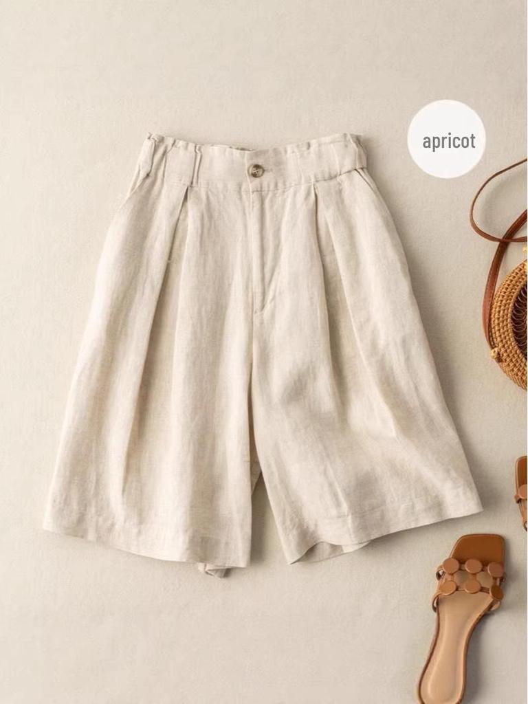 Summer Elastic Waist Cotton-Linen Capris with Wide Legs and Retro Solid Color