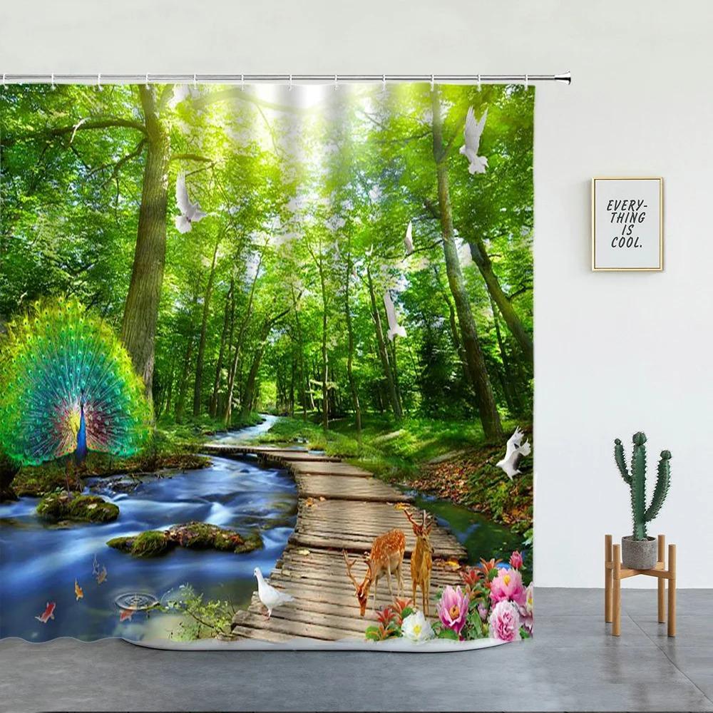Forest Waterfall Landscape Shower Curtains Tropical Rainforest Green Bamboo Mountain Printed Fabric Luxury Bathroom Decor Hooks