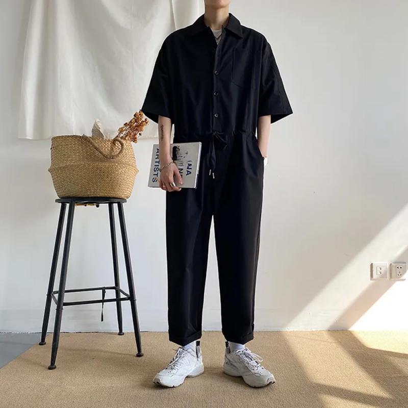Men's Overalls Jumpsuits Summer Fashion Casual Nine Point Cargo Pants Japanese Retro Male Clothes Couple Loose Solid Color Suit