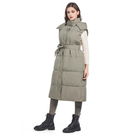 Yousheng Winter Women Vest Coat with Belt Padded Stand Collar Sleeveless Calf Length Down Waistcoat Zipper And Button Closure Cold Weather Outerwear