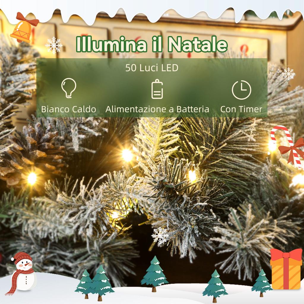 Christmas Garland Diameter 25x180 Cm with 50 LED Lights, Berries and Pine Cones, In Plastic and Metal, Green and White