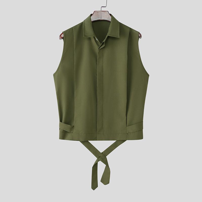 

INCERUN Men Lapel Neck Sleeveless Solid Lace-up Casual Shirts Tank Tops S зелений
