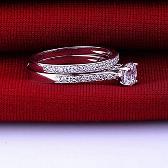 Women Engagement Wedding 2Pcs Ring Set Cubic Zirconia White Silver Plated Rings