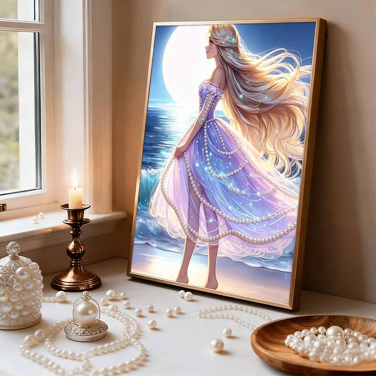 Disney Pearl Painting Rapunzel Rapunzel Moon Night Seascape Creative Art 5D Pearl Embroidery Cross Stitch Kit Handmade Diy Home And Room Decor Gift