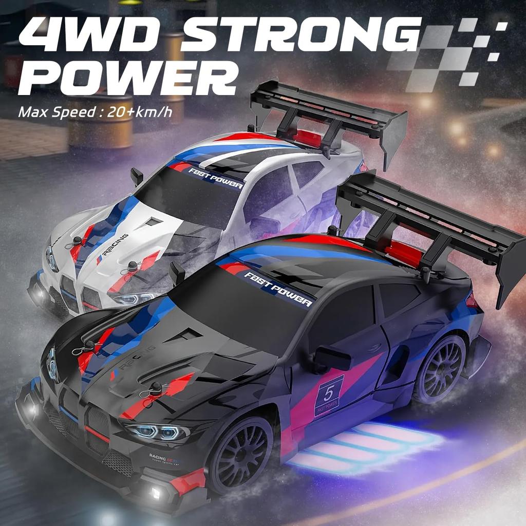 1:24 RC Drift Car, 2.4G 30+KM/H High Speed Racing Car with LED Lights & Drift Tires, Roadblocks, Christmas Gift for Boys