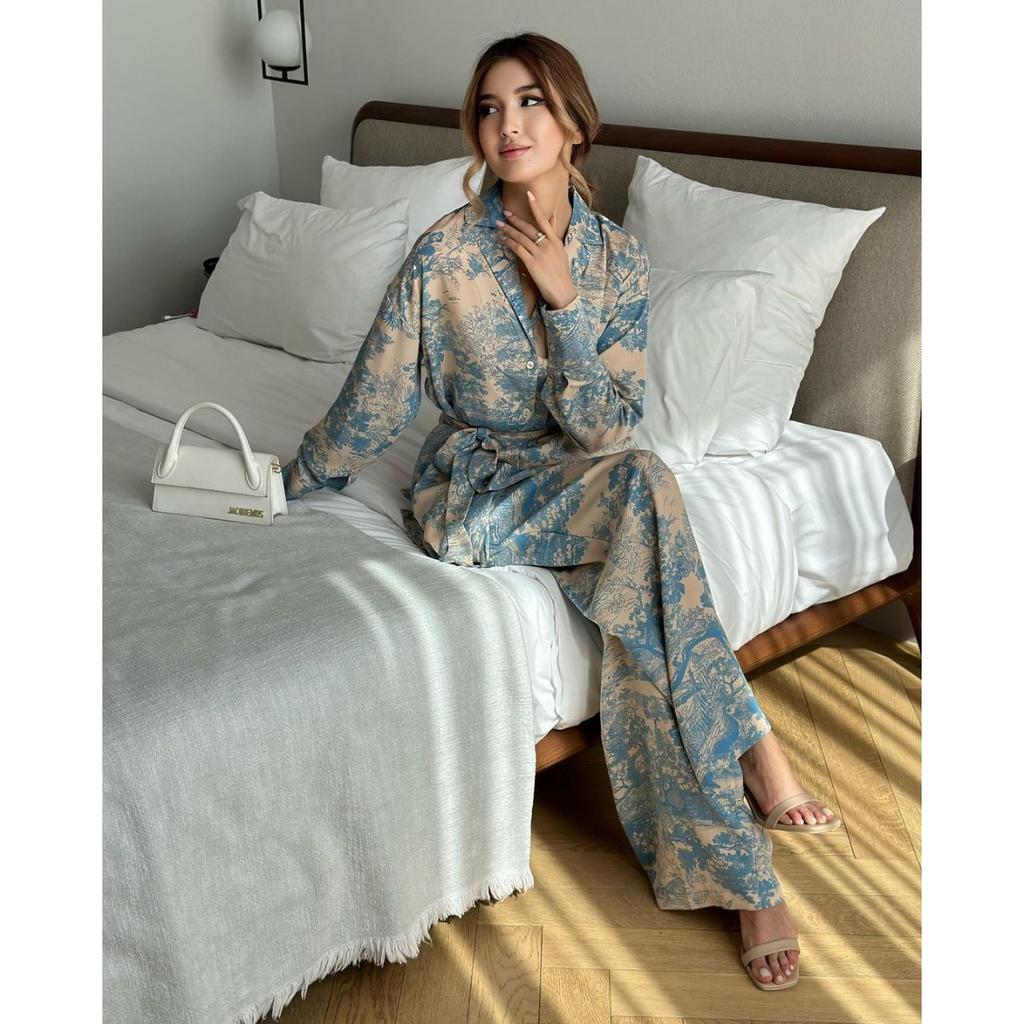 Imprimat, Mânecă lungă, Șireturi, Cămașă, Talie înaltă, Pantaloni cu picior larg, Îmbrăcăminte pentru femei, Set din două piese