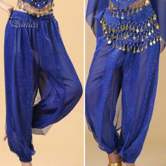 Γυναικείο παντελόνι Performance Ελαστικό ψηλόμεσο μονόχρωμο μπλουμέρ με παγιέτα ντεκόρ Λαϊκός χορός Ενήλικες Κοστουμάκια για χορό της κοιλιάς