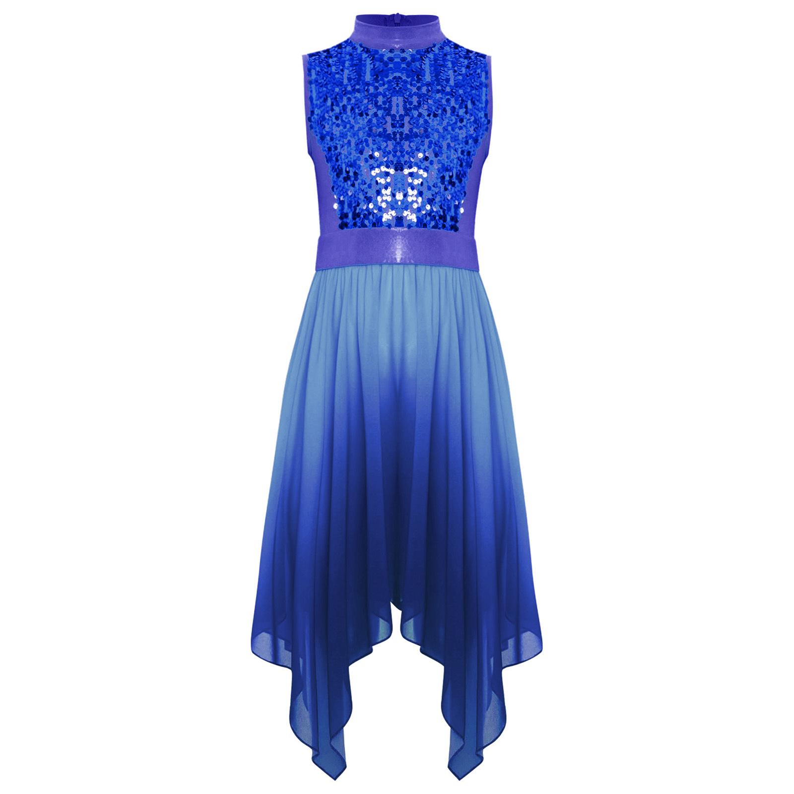 

Дівчачий літургійний одяг для поклоніння, туніка для хвалебного танцю, з коміром-стійкою, без рукавів, з асиметричним подолом, ліричний сучасний танцювальний одяг 5-6 Years синій