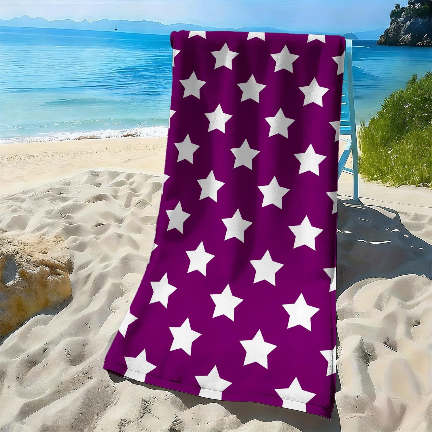 

Purple background with white star pattern polyester microfiber beach towel is highly absorbent, suitable swimming beach outings W40*H60(CM)