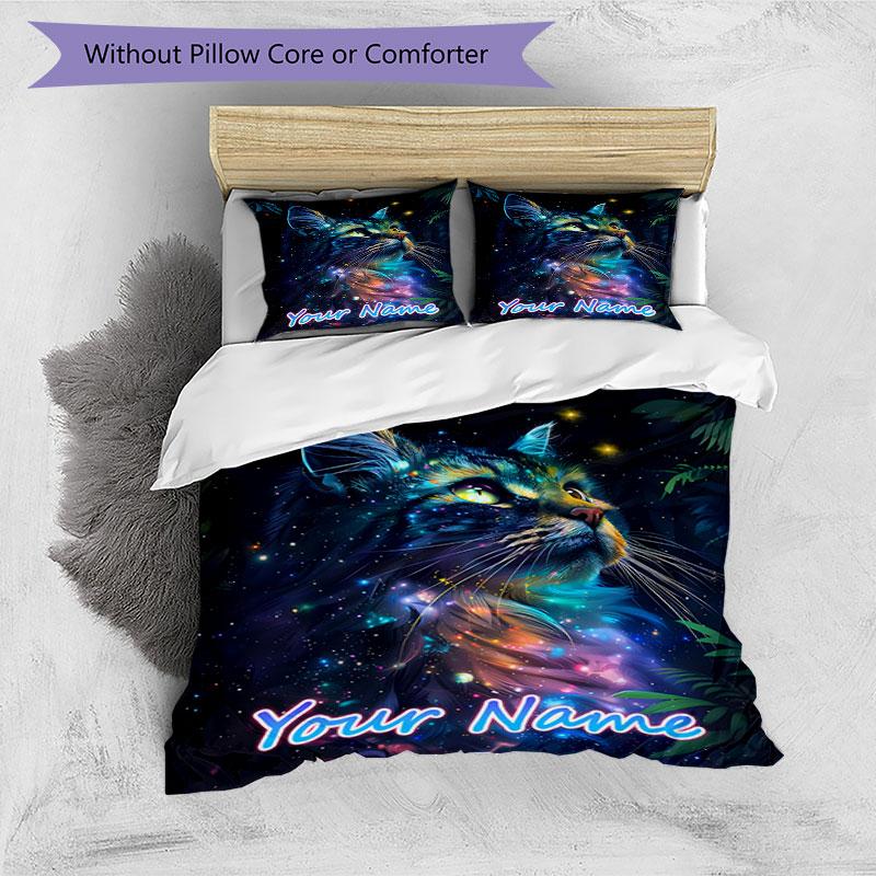3PC Custom Name Cosmic Cat Dreamscape Bedding Set Duvet Cover Closure Includes 1 Duvet Cover & 2 Pillowcases for Bedroom