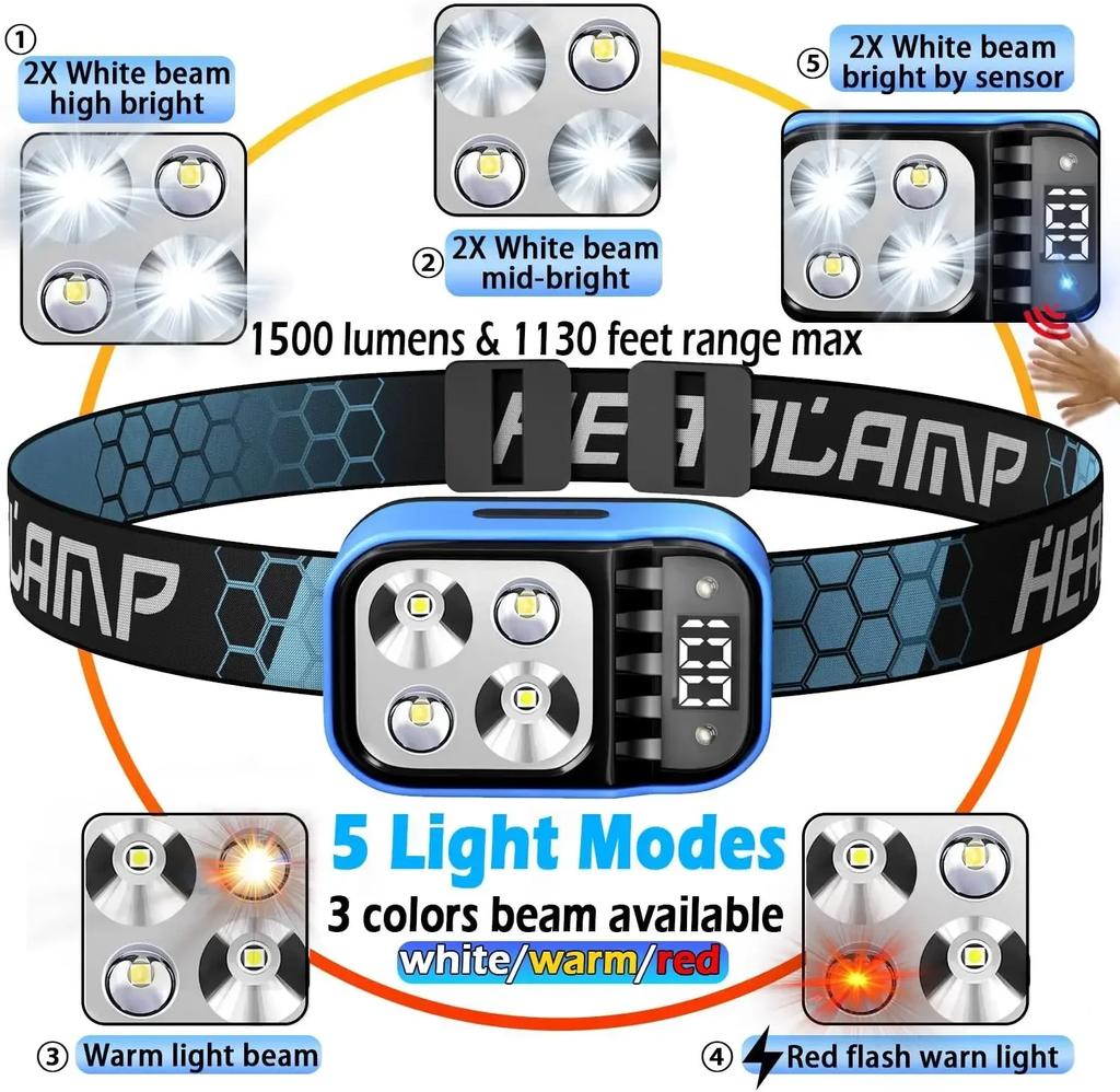 2Pack Induction Headlamp White Red Warm Light Led Lightweight Headlight Waterproof Torch Outdoor Camping Emergency Fishing Light