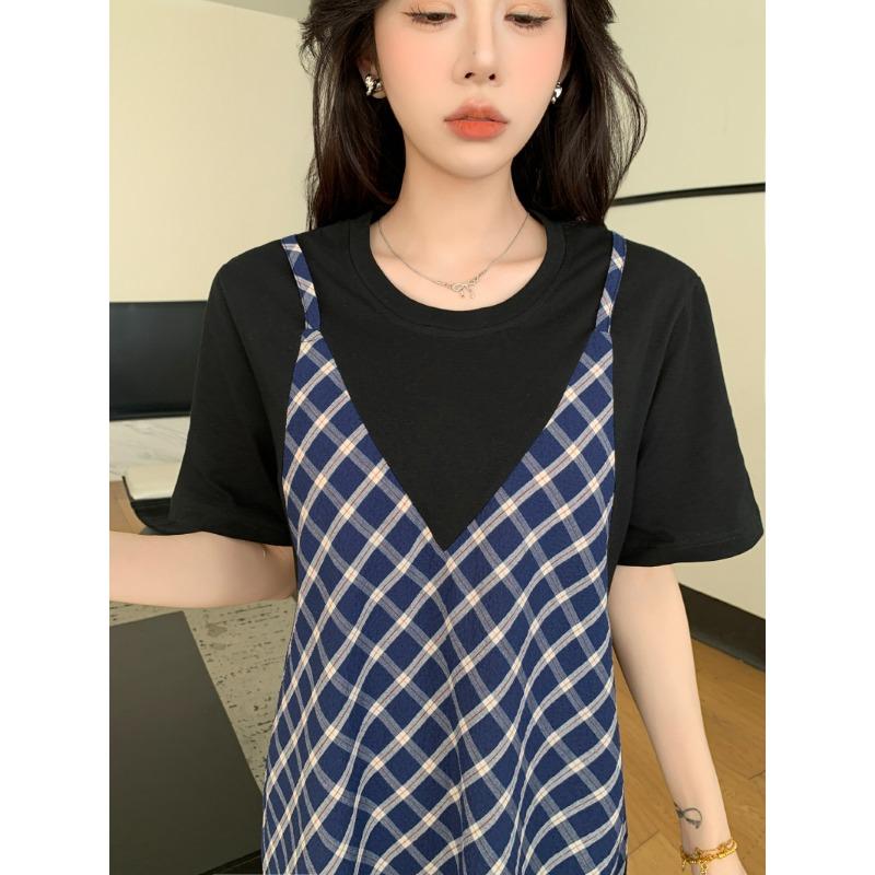 DIMANAF 2025 Summer Plus Size Dress Women Casual Vintage Plaid Dress Basic Long Elegant Loose Fake Two-Piece Dress