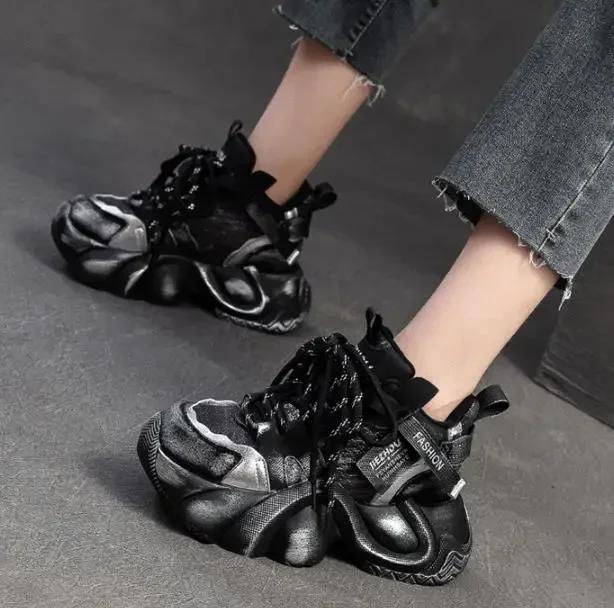 5CM Comfy Ladies Spring Summer Mixed Color Autumn Fashion Pigskin Leather Genuine Platform Wedge Chunky Sneaker Vulcanize