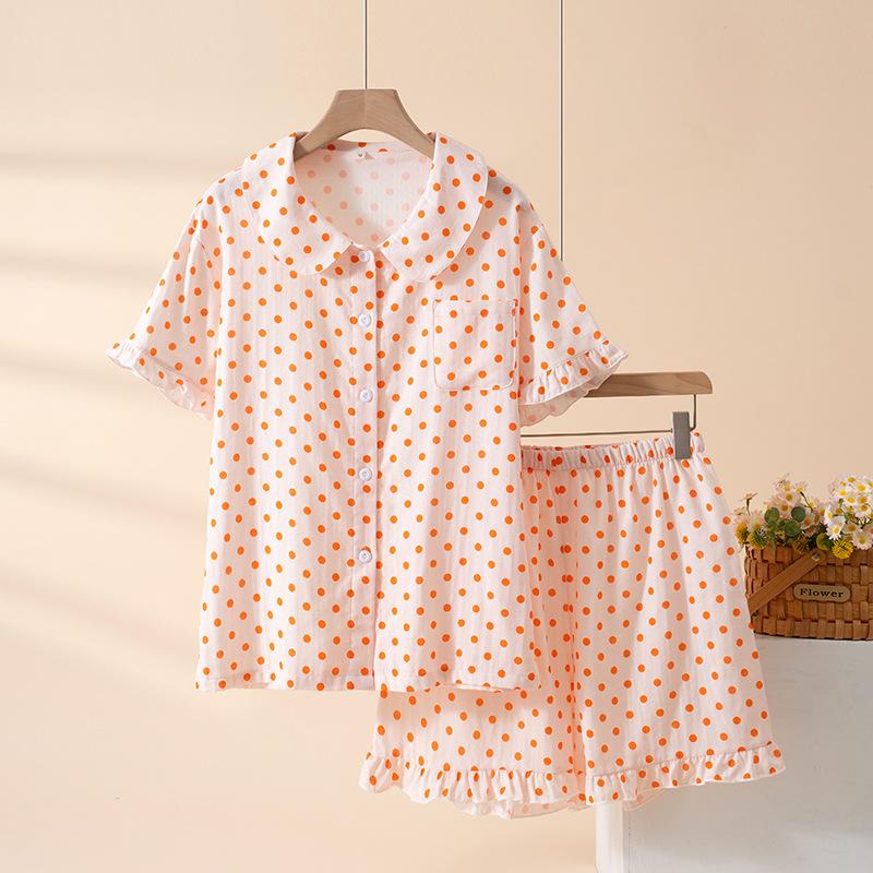 Polka dot pajamas women's summer pure cotton two-piece set doll collar short-sleeved shorts sweet student loungewear can be worn outside