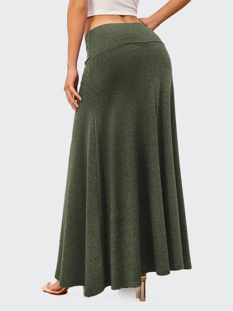 European & American Commuter A-Line Midi Skirt - Solid Color, Knit, Polyester-Cotton, Micro-Elastic, Spring/Autumn Wear