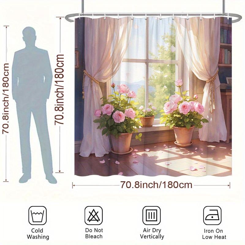 1pc Rose Shower Curtain - Sunlit Window, Pink Roses, Romantic Serene Design, Polyester, 70.8x70.8",  Modern Bathroom Decor