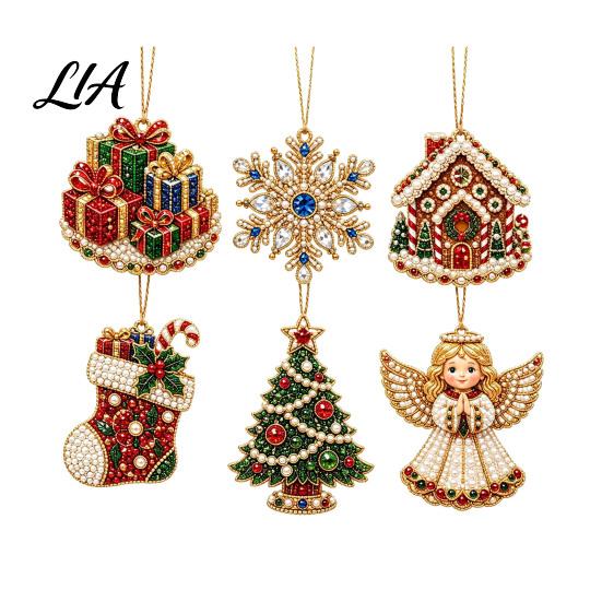 Elegant Holiday Party Supplies 6 Pcs Diamond Art Christmas Ornaments, 2D Flat Pearl Painting Timeless Seasonal Decorations Pattern Hanging Decoration