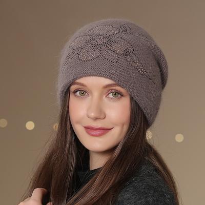 Zimní čepice pro ženy Králičí srst Směs Pletená čepice Silná Teplá Pletená čepice Módní Květina Dvojitá vrstva Teplé Lyžařské čepice
