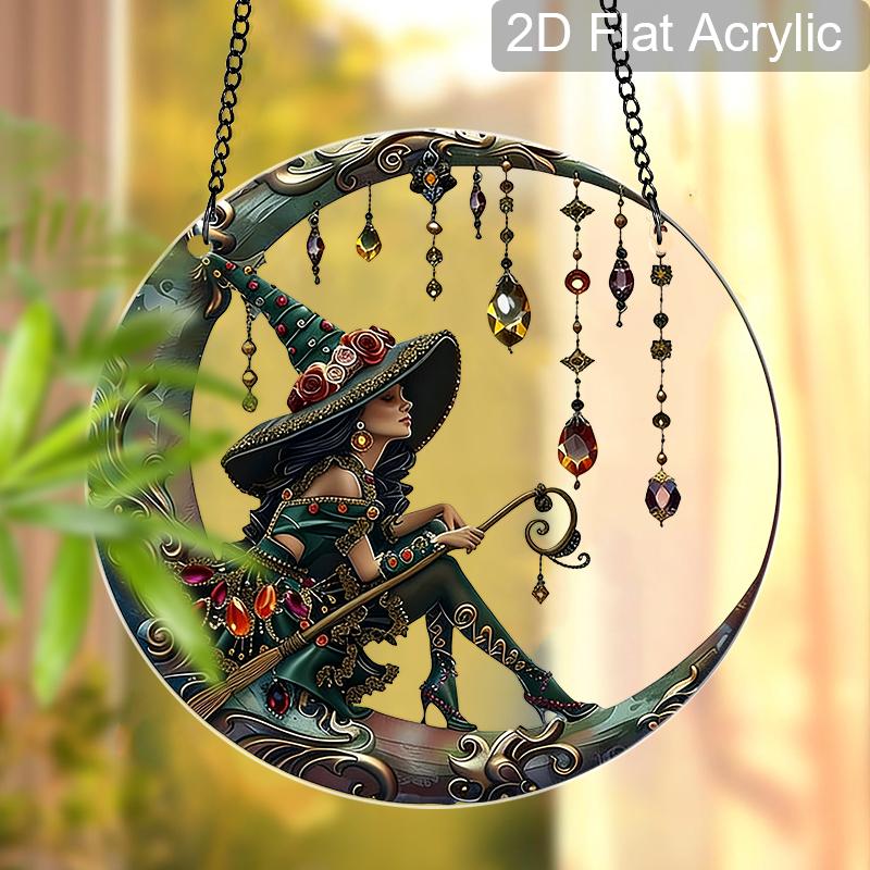 Acrylic Witch On Crescent Moon with Crystals Suncatcher, Stained Glass Effect Window Hanging Ornament for Witchcraft & Fantasy Lover Gifts