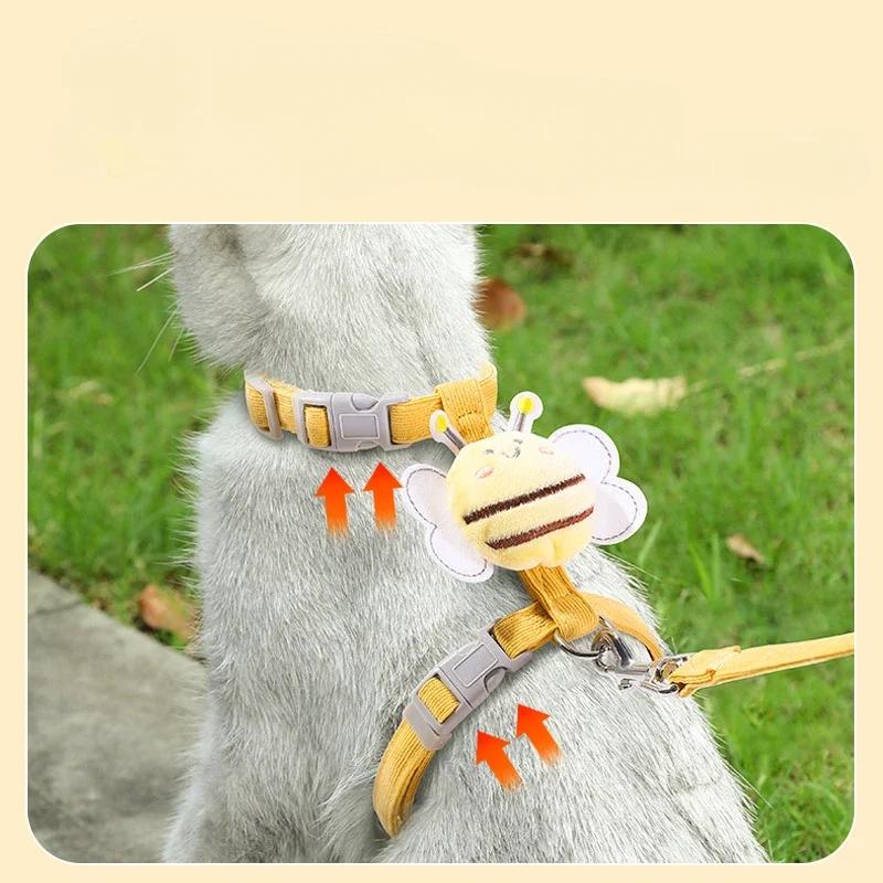 Szelki dla kota, smycz, obroża, regulowany zestaw, kreskówka pszczoła, dwuwarstwowe szelki dla psa, dla małych i średnich zwierząt, obroża, smycz, spacery na świeżym powietrzu