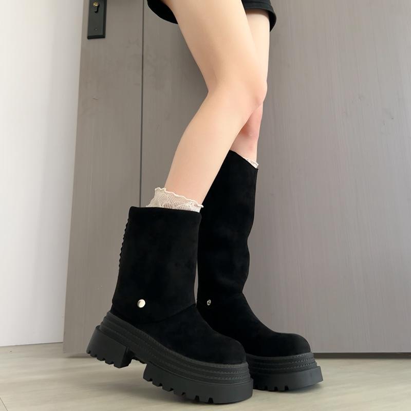 

Ретро универсальные ботинки-рыцари с круглым носком и толстым каблуком женские 2025 осень и зима однотонные на подошве-маффин новые модные темпераментные тонкие 39 чёрный