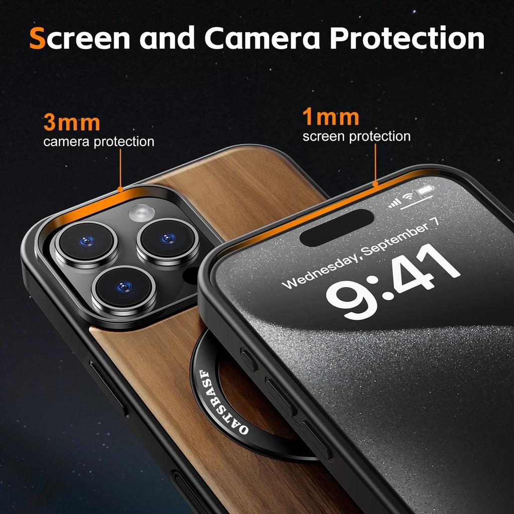 Eary for iPhone 16 15 Pro Max Case with Magsafe Kickstand 360°Rotatable Magnetic Stand Shockproof Protective Cover Unique Wooden