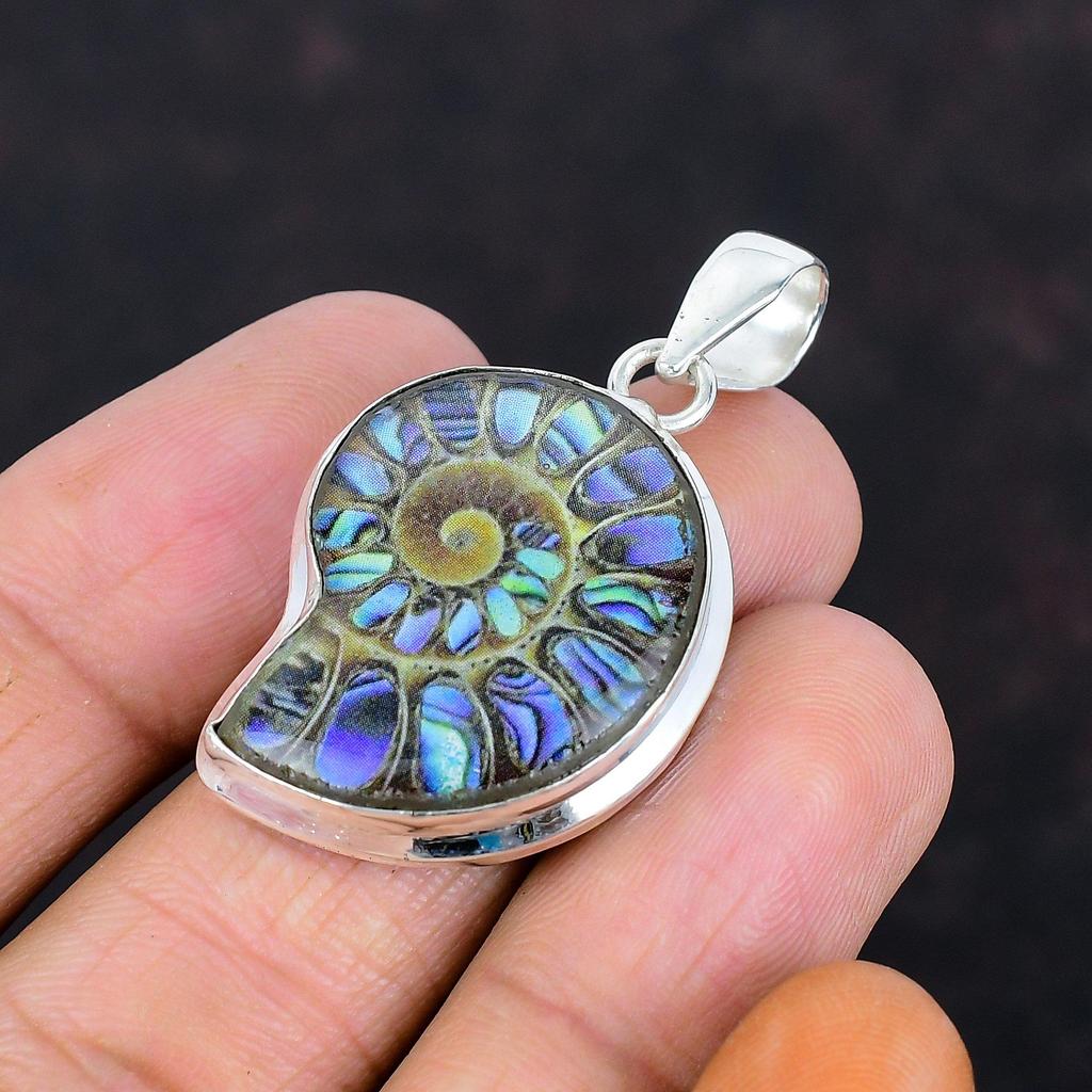 Abalone shell in ammonite fossil pendant gemstone pendant handmade jewelry 925 sterling silver pendant birthstone pendant anniversary gifts
