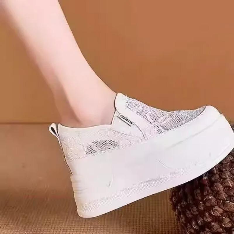 Flores de Renda Tênis Plataforma Feminino Sapatos de Salto Alto Aumento de Altura Malha Respirável Sapatos Casuais Lona