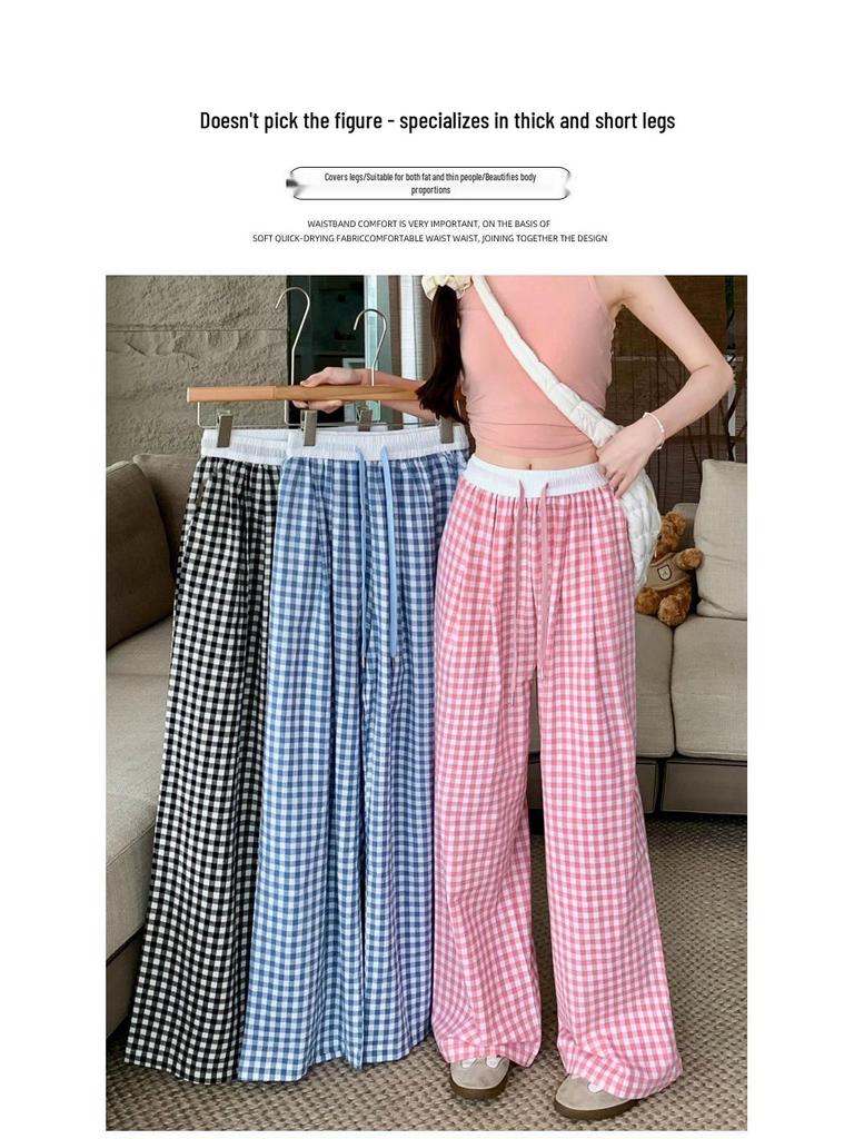 Petite Pink Plaid High Waist Wide Leg Summer Trousers for Women