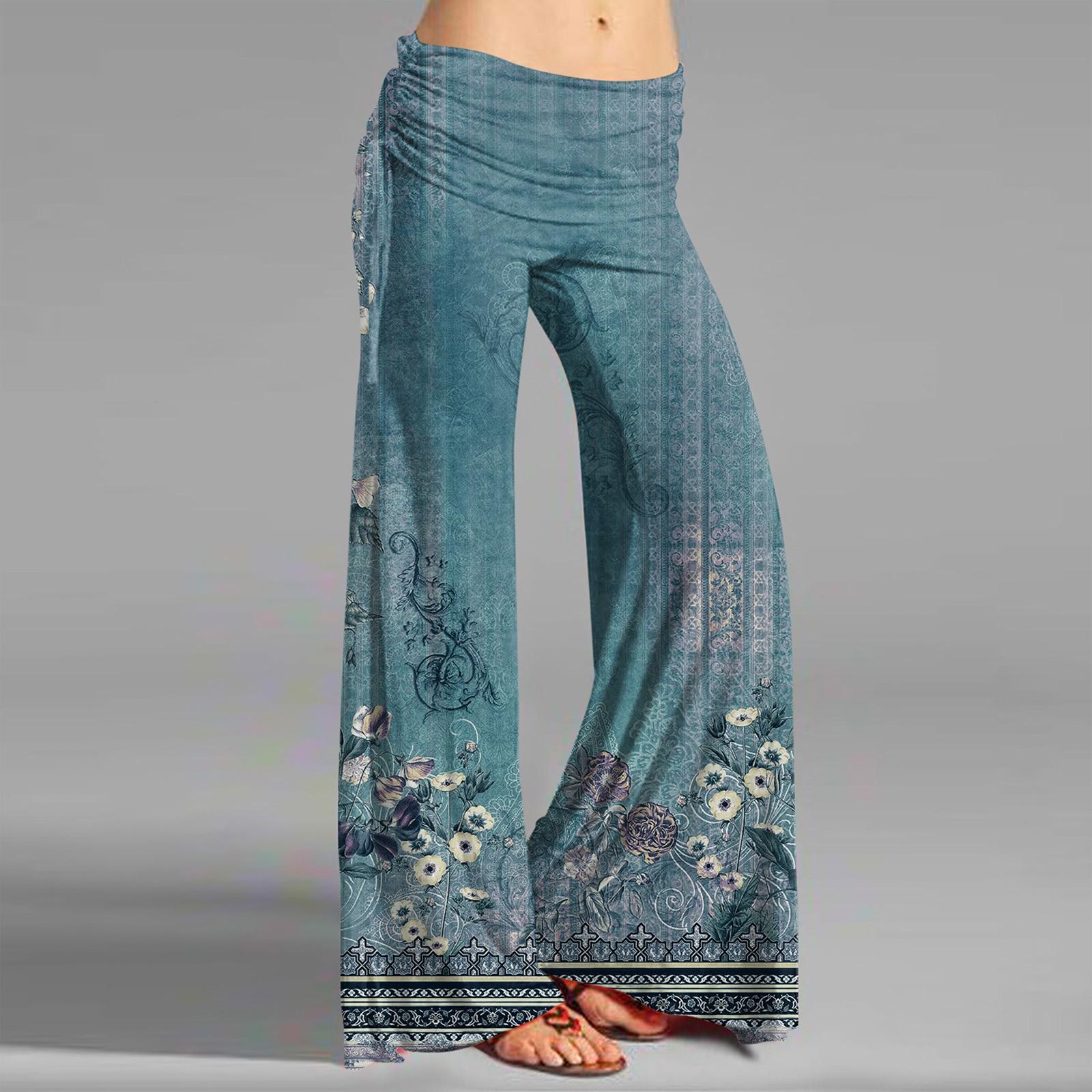 Women s Fashion Vintage Print Casual Flared Drawstring Trousers Wide Leg Pants S синий