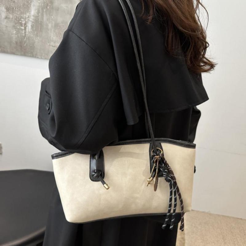 Retro PU Leather Tote Bag Large Capacity Cute Decorative Pendant for Work Student School Casual Daily Carry