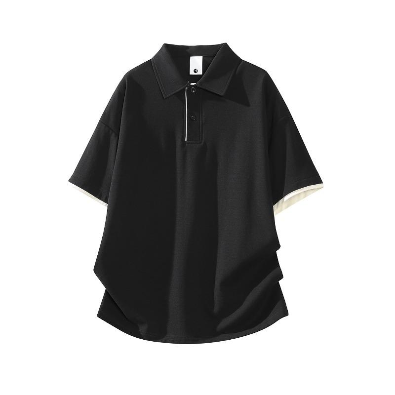 Men Contrast Trim Collar Polo Shirt Short Sleeve Loose Casual Basic Business Daily Office Summer Top M чёрный