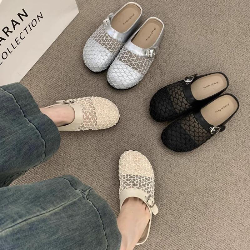 Niche hollow breathable mesh yarn bag head half slippers women summer wear a pedal thick bottom fishing net