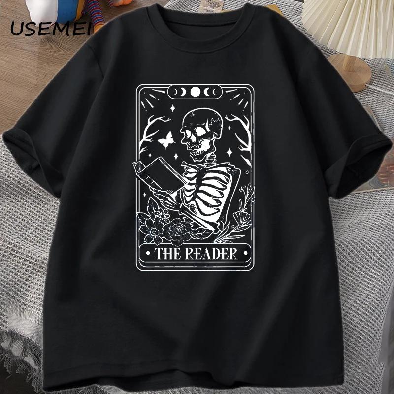 The Reader Tarot Card T-Shirt Skeleton Reading T Shirt Summer Cotton Book Lover Bookish Tshirt Men Unisex Oversized Tees