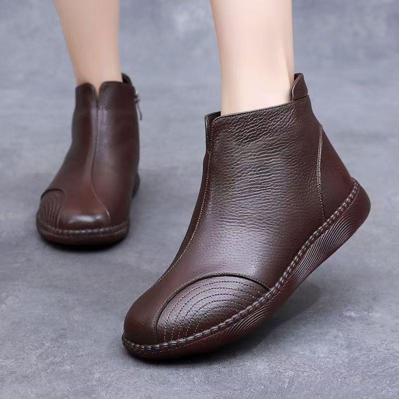 Women Winter New Genuine Leather Ankle Cotton Boots Soft Sole Soft Face Flat Sole Non Slip Plush Keep Warm High Top Cotton Shoes