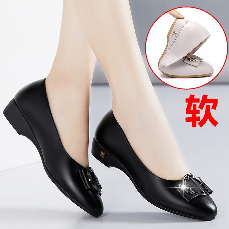 Spring New Fashion Woman Ballets Metal Buckle Single Shoes Soft Leather Soft Sole Comfortable Flats Mother Shoes