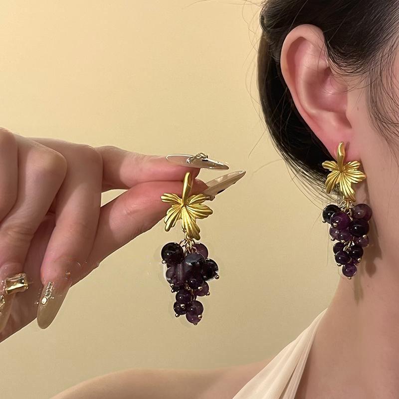 Boucles d'oreilles longues en argent 925 style vintage grappe de raisin violet - Nouveau design rétro 2025