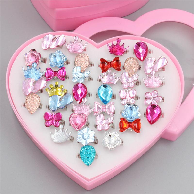 Adjustable Kids Diamond Artificial Gem Ring Jewelry Heart Crystal Finger Ring for Children Girls Birthday Party Gift