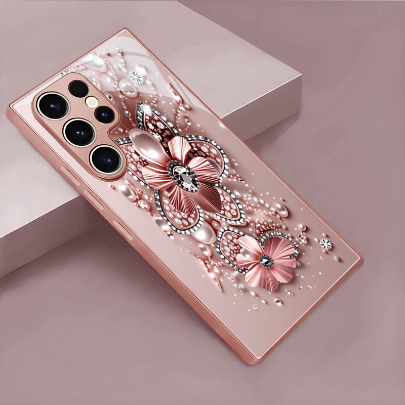 Rose Gold Jewel Bloom Pink Metallic Glass Phone Case For Samsung A33/A34/A36/A42/A50/A51/A52/A53/A54/A55/A56/70 71 72 Back Cover