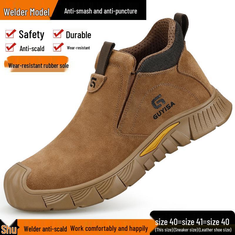 Men's Breathable Suede Summer High-Top Welding Shoes: Anti-Smash, Anti-Puncture, Anti-Slip, Wear-Resistant, and Comfortable.