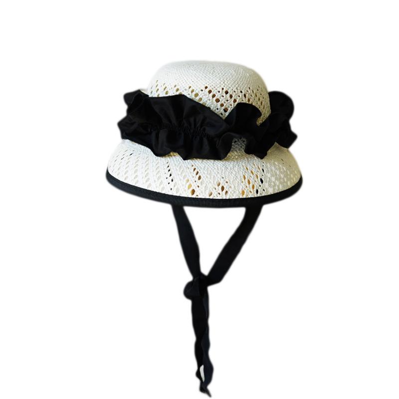 French Elegant Retro White Hepburn Fungus Lace-Up Bell-Shaped Basin Hat Woven Straw Hat Women'S Summer Vacation Fisherman'S Top Hat