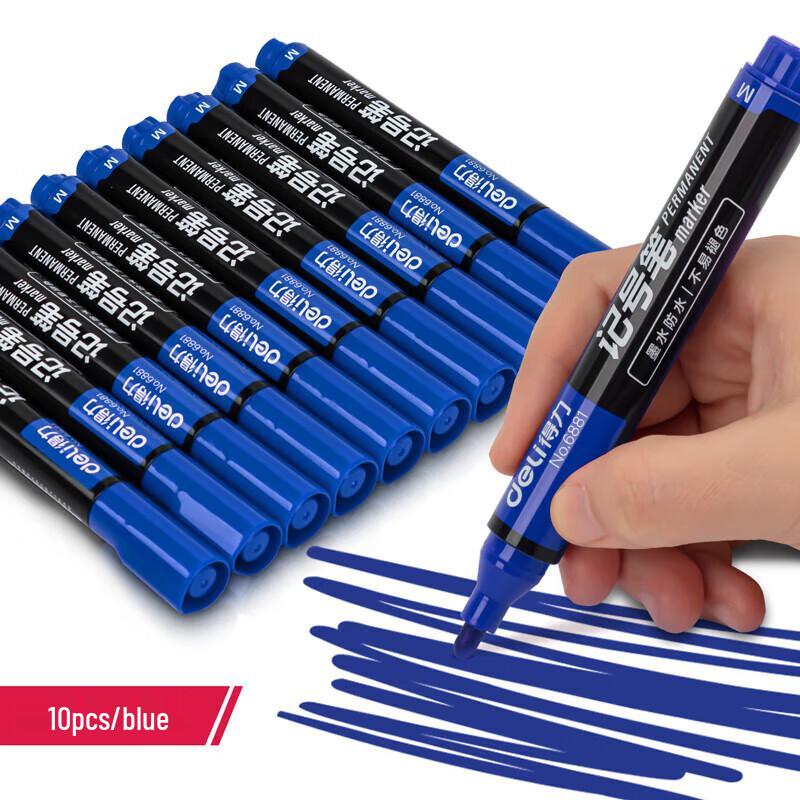 Deli Broad Tip Permanent Markers (Blue, 10-Pack)