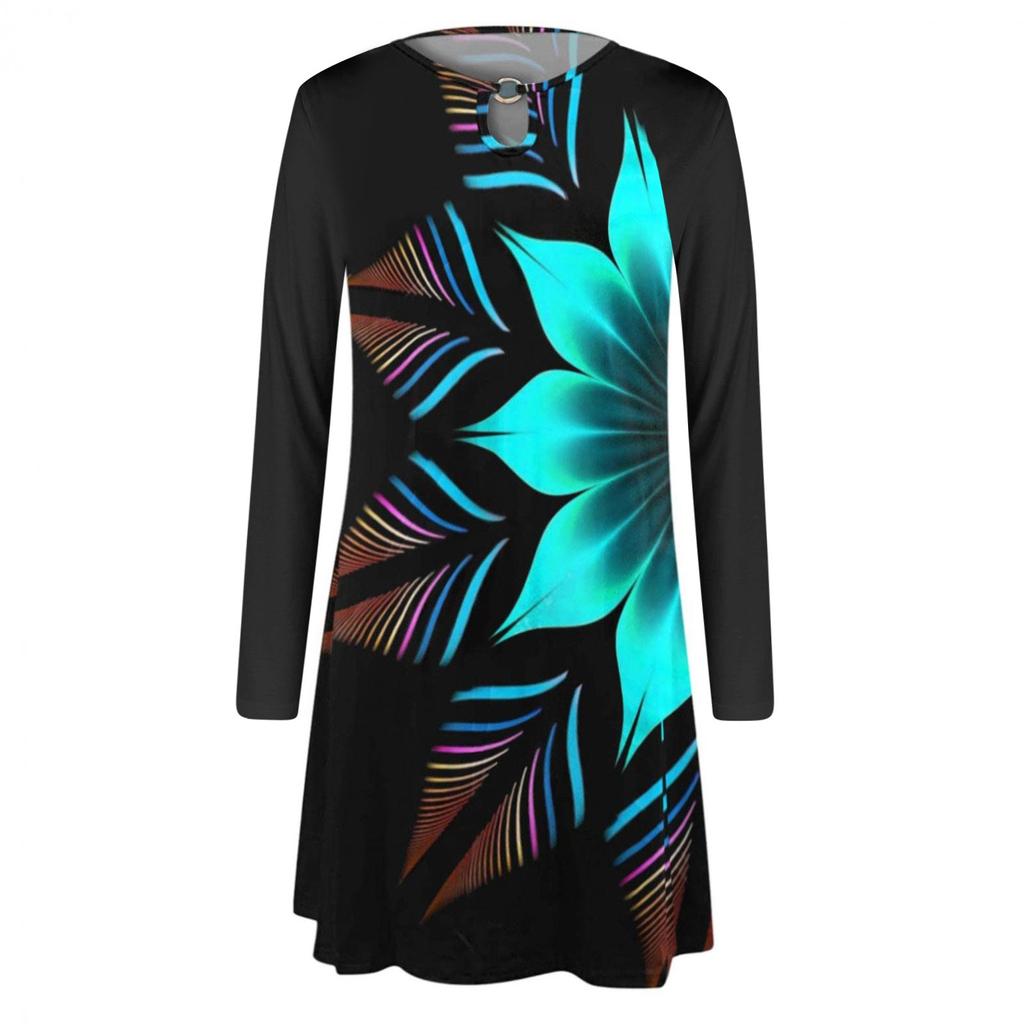 Women's Casual Printed Long Sleeve Dress Cutout Round Neck Loose Beach Short  Sun Dress