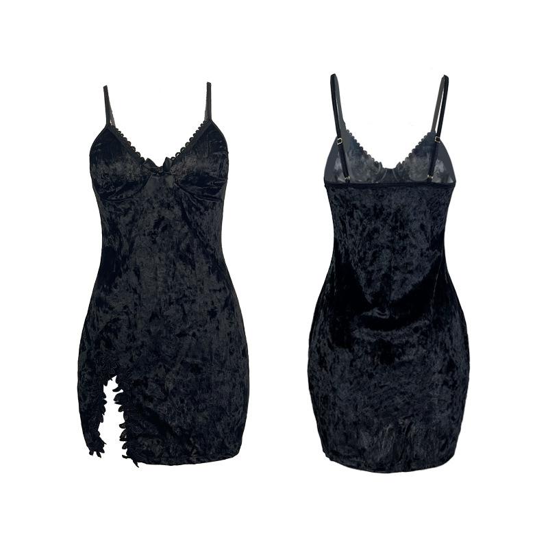 New velvet sexy lace split suspender nightdress backless seduction clothes pajamas women