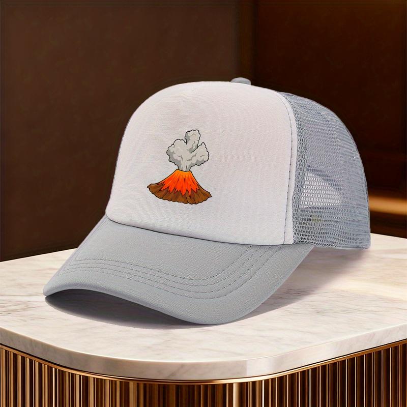 Volcano Eruption Cartoon Graphic Trucker Hat Unisex Polyester Mesh Snapback Cap for Outdoor Casual Travel