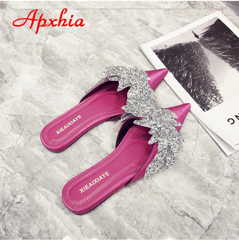 Fashion Aphixta  Appliques Crystals Silk Women Slippers Fashion Mules Rose Red Flat Heel Autumn Flowers Pointed Toe Slides