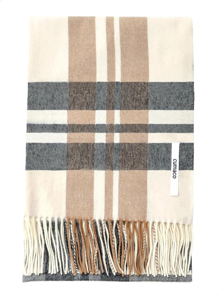 Ivory Brown Cashmere Wool Check Wool Light [cumaco] 14. Stole, Plain, Pattern, Women's, Men's, Unisex, Large, Thick, Scarf, Blend, Brand, Gift,