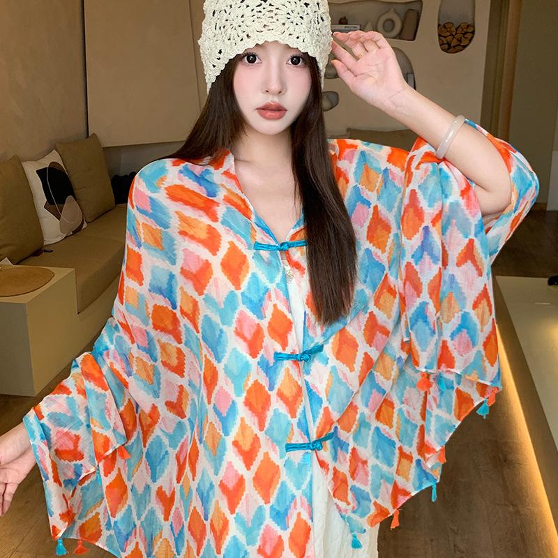 Small fresh green floral silk scarf women's summer travel buckle sunscreen large shawl beach towel thin yarn scarf scarf