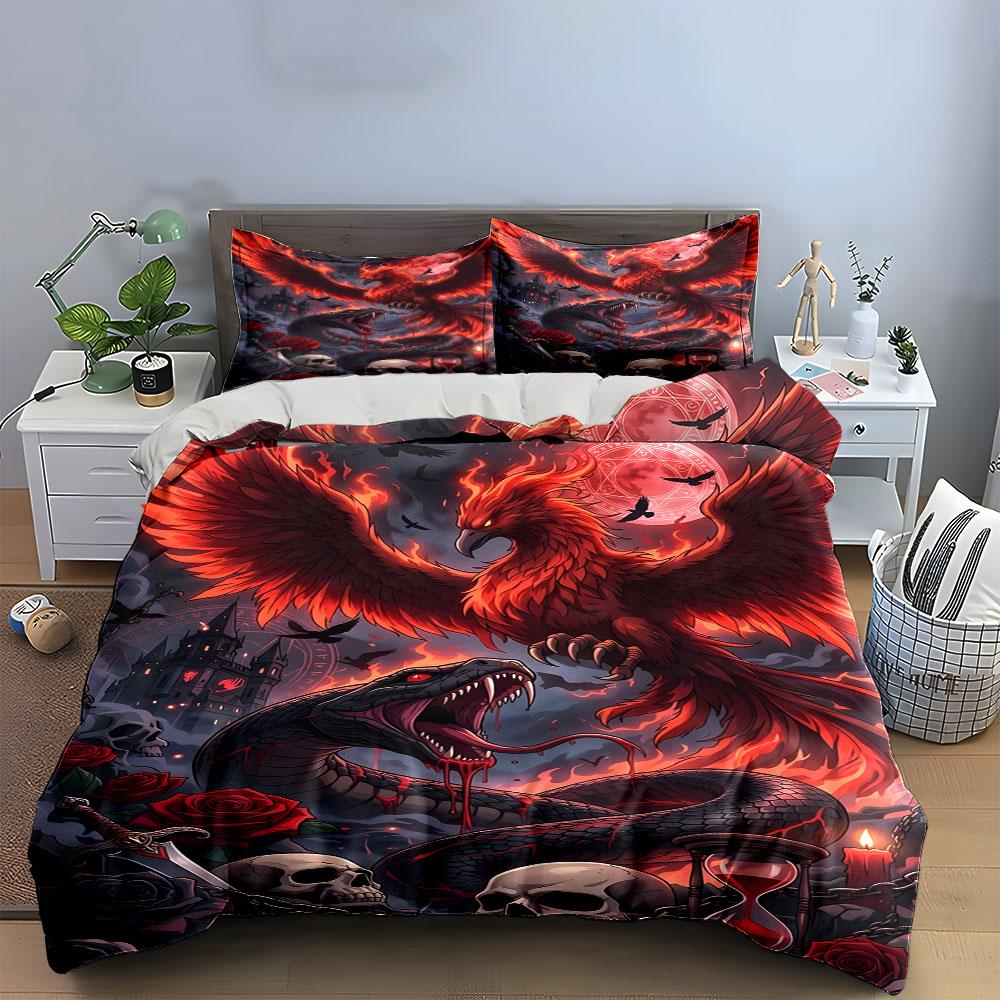 Fiery Phoenix and Serpent Design Bedding Duvet Cover Set  (1*Duvet Cover 2*Pillowcases, Without Duvet Insert)